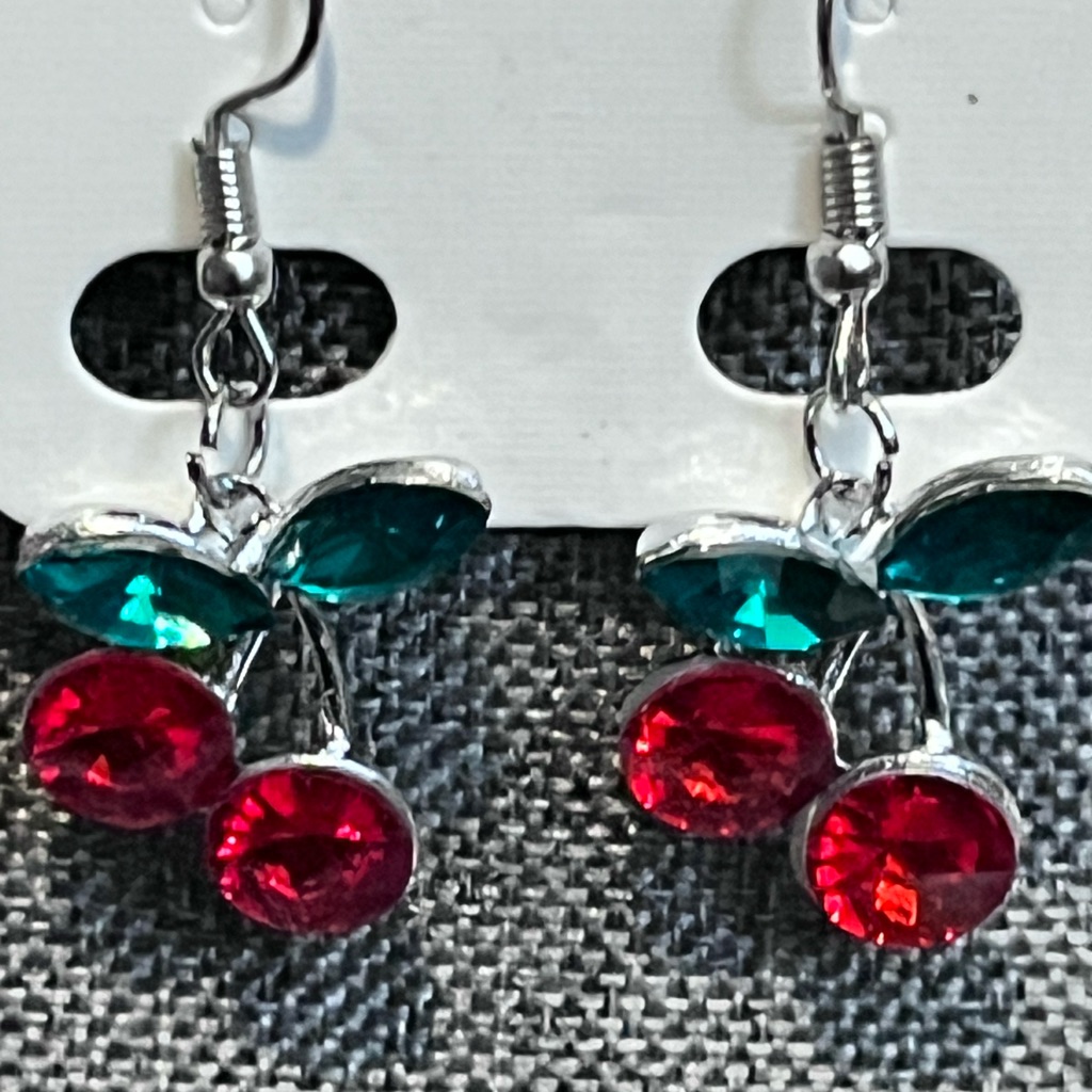 Elegant Cherry Drop Earrings With Red And Green Crystals 10$